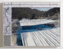 CHR-61 Christo over the river 21.5 x 28 cm collage, pen, enamel, photograph, wax pastel, fabric and map 2006