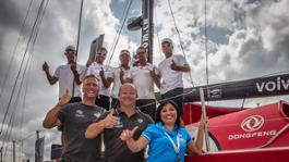 VOR Dongfeng mast reaches the team pictured with GAC Pindar's on the ground team - Lukas Johnsson Diogo Diniz  Maritza Lopez 