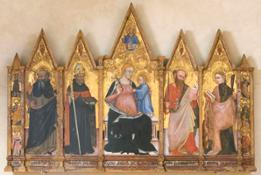 Ottaviano Nelli, Madonna con Bambino, Trinita', santi, Cherubini. 1403. Tempera su tavola
