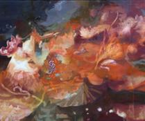 Jingge Dong, Landscape of Chaos #12, 2018, tecnica mista su tela, 122 x 145 cm, courtesy of L'Ariete artecontemporanea, Bolog
