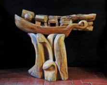 Augusto Giuffredi, Nave sull’onda, 2019, legno di pero e cedro del Libano, 130 x 50 x 105 cm