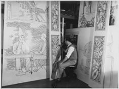 Piero Fornasetti con i pannelli decorativi del Cinema Arlecchino, 1949
