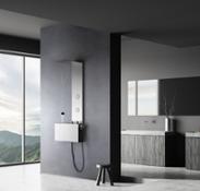 Cropelli   ALYSSIA ambientato con doccia con pannello esterno (OUT), mobile alto brushed steel e rubinetto monocomando lavabo